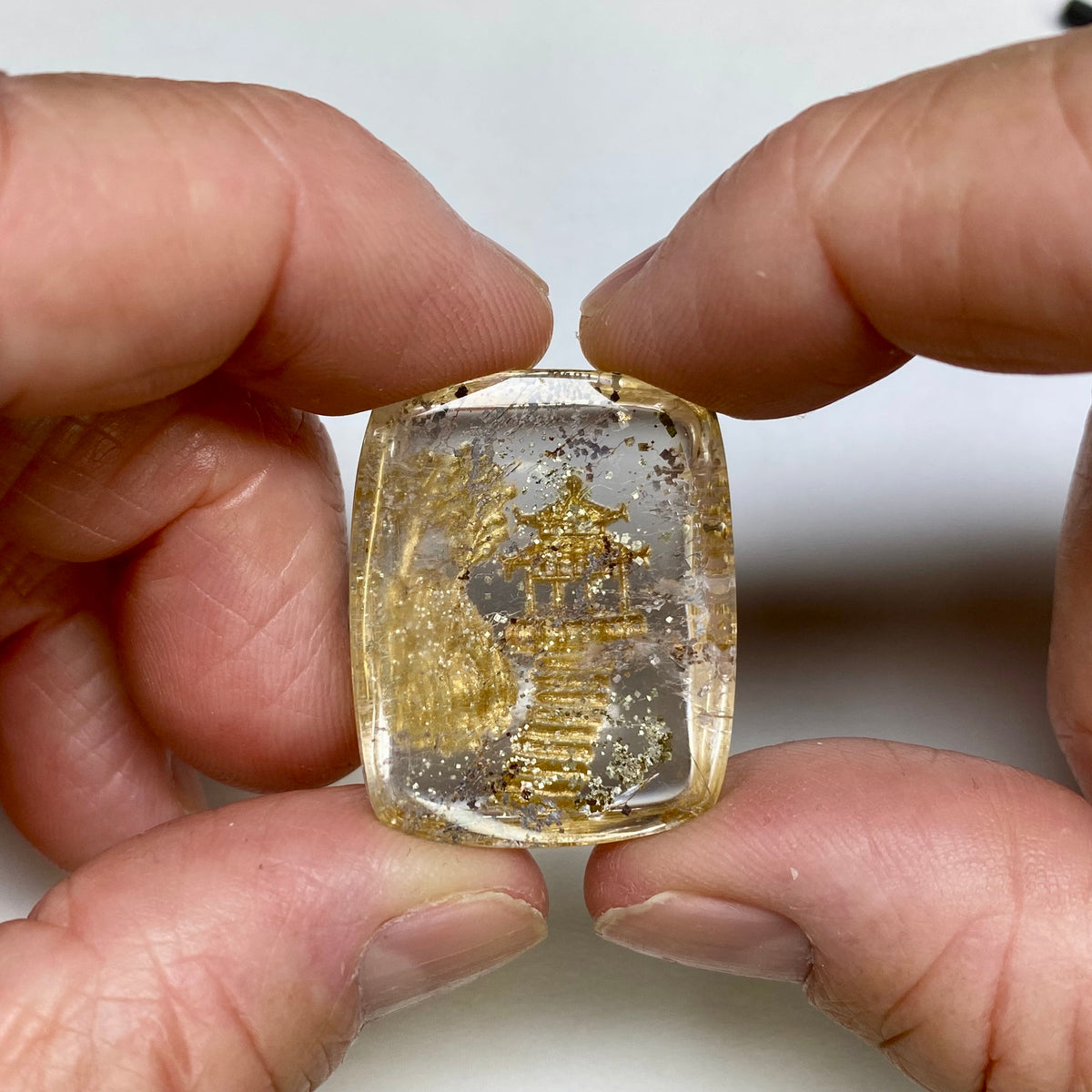 Golden Quartz Pagoda with Rutile Carving